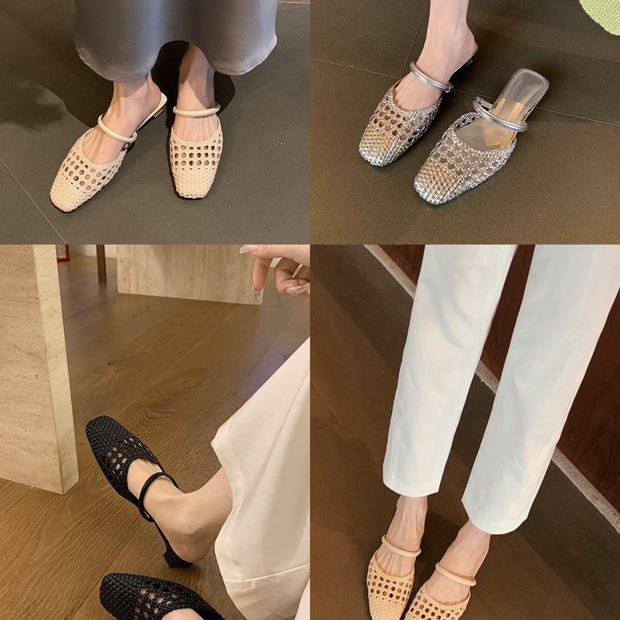 French Square Toe Weaving Hollow Small Slippers