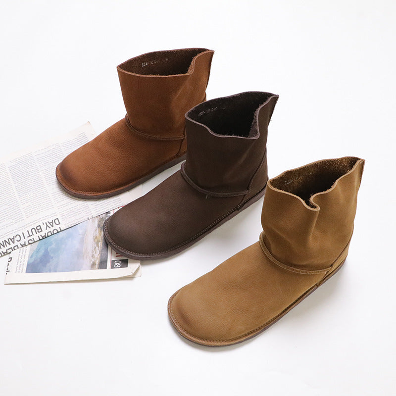 Women's Layer Cowhide Flat Fleece Simple Cotton Linen Style Cozy Snow Boots