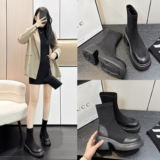 Women's Size Martin Platform Middle Tube Stretch Smoke Pipe Women's Leather Boots