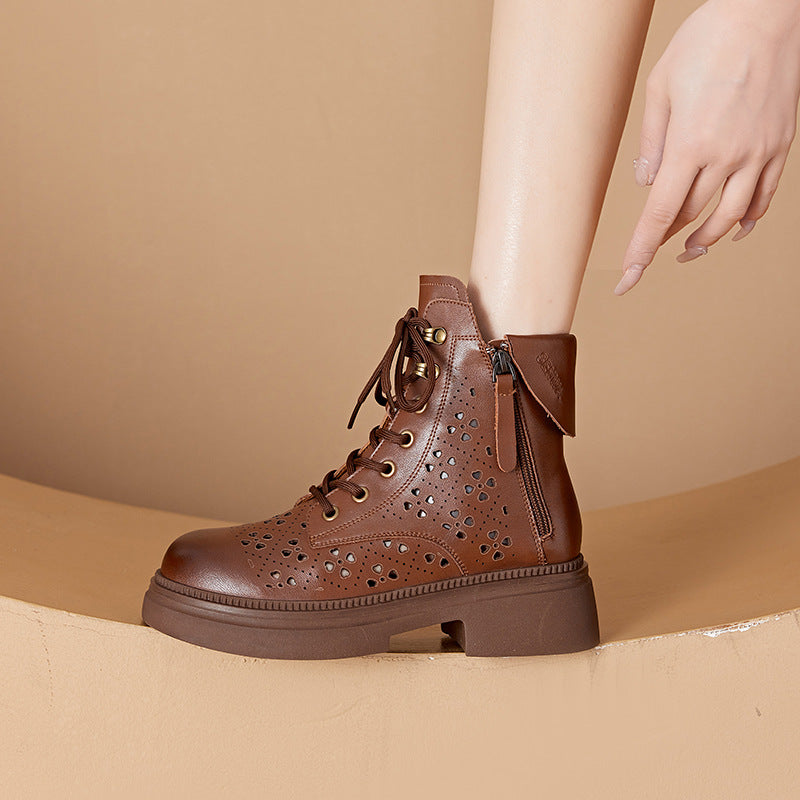 Women's Authentic Hollow Out Martin Thick-soled Korean Double-sided Women's Leather Boots