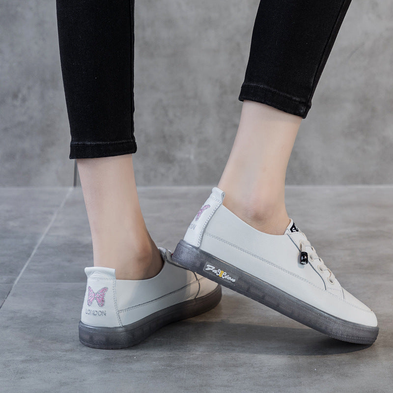 Women's Layer Cowhide Plus Size White Soft Sole Hollow Casual Shoes