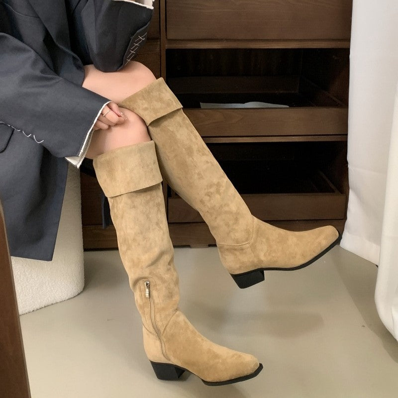 Female Tube Tail British Style Height Increasing Insole Square Women's Leather Boots