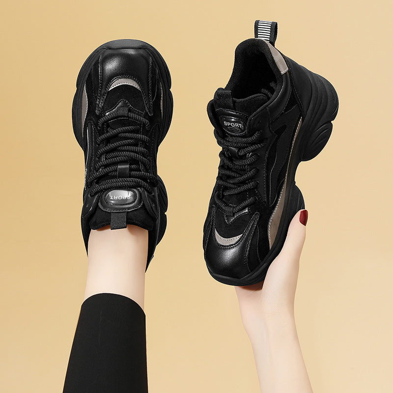 Women's Plus Size Fleece-lined Black Thick-soled Daddy Sneakers
