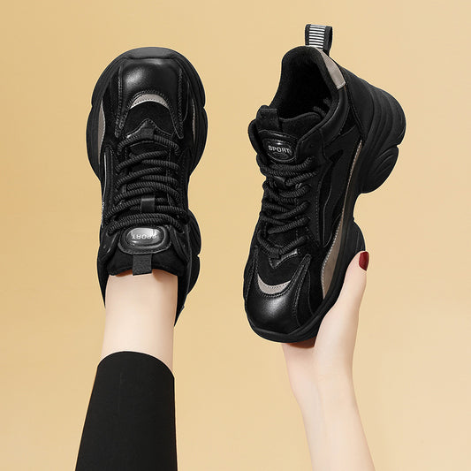 Women's Plus Size Fleece-lined Black Thick-soled Daddy Sneakers