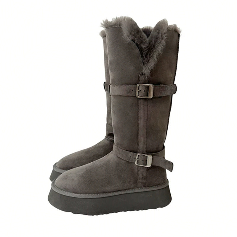 Women's Gray Winter Northeast Thickened Fleece-lined Thick-soled Boots