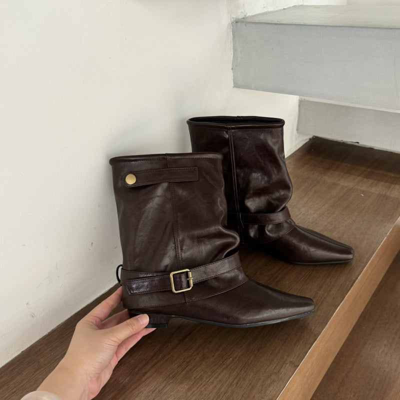 Women's Chunky Square Toe Pantyhose Ankle Belt Buckle Knight Vacation Women's Leather Boots