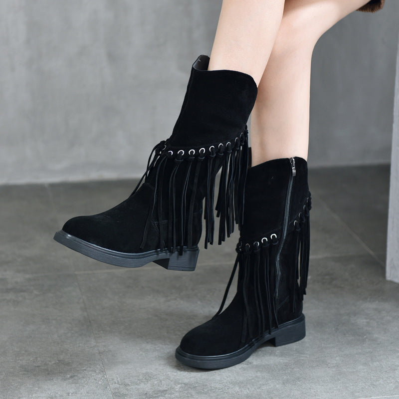 Mid Retro Western Denim Cotton Genuine Martin Fashion Women's Leather Boots