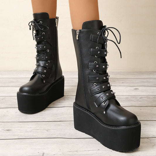 Women's Punk Rivet Riding Platform High Belt Boots
