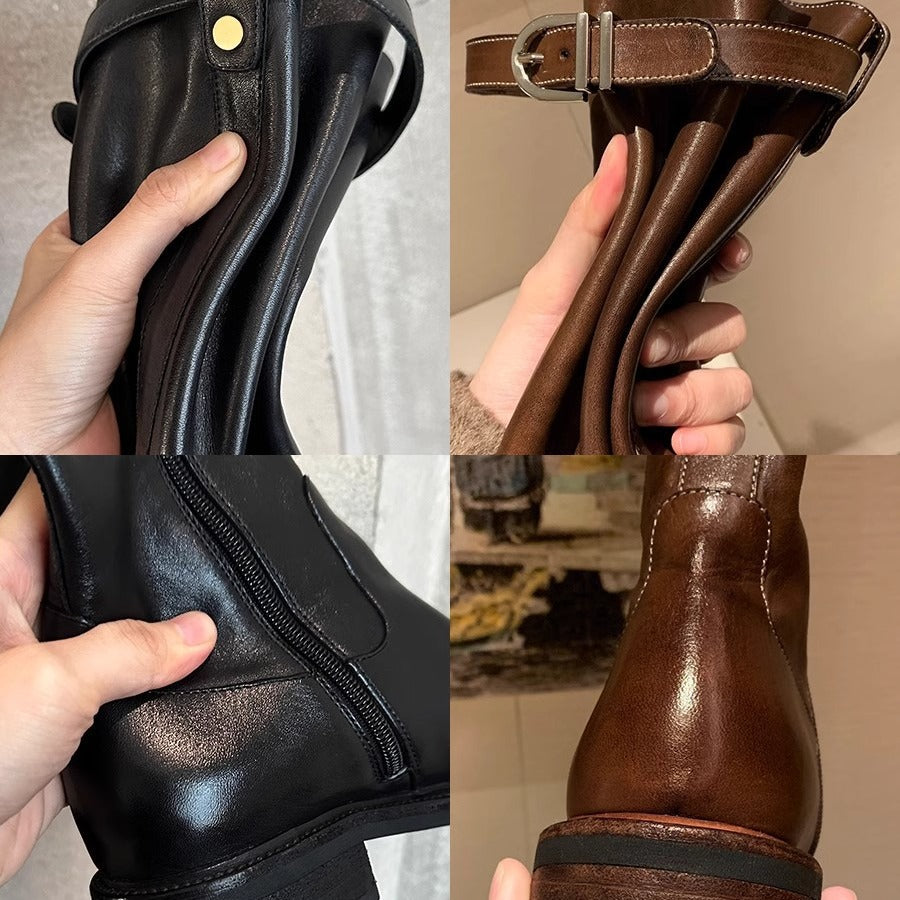Women's Washed Soft Retro Chunky Thick Bottom Knight Slimming Brown Tube Boots