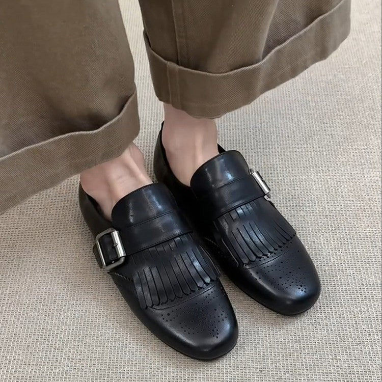 Women's Vintage Brogue Authentic Square Toe Black Belt Buckle Loafers