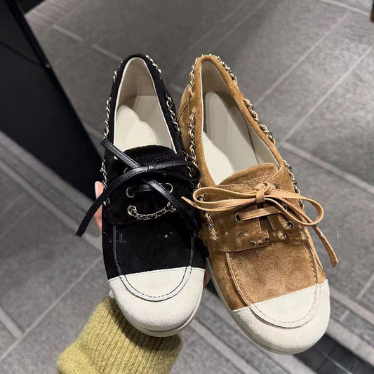 Women's Spring Classic Style Metal Chain Suede Flat Bottom Color Sneakers