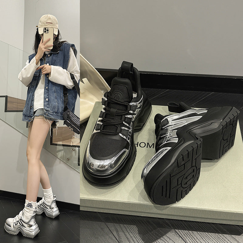 Women's Bow Bottom Sier Dad European Goods Height Increasing Horseshoe Mesh Heels