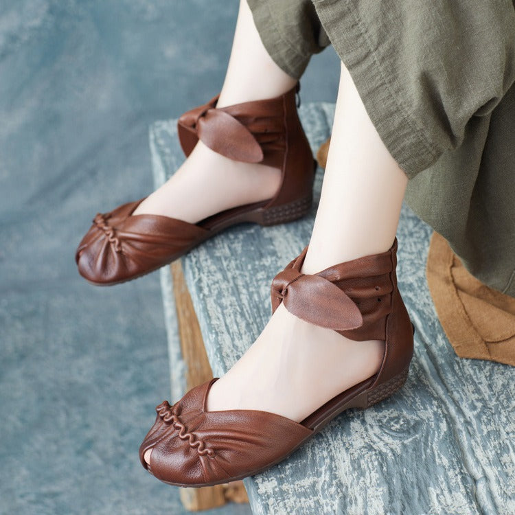 Retro Style Cowhide Twisted Flower Open Flat Sandals