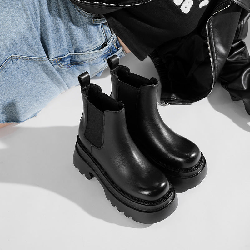Women's Chelsea Booties Martin Platform Smoke Pipe Invisible Elevated Women's Leather Boots