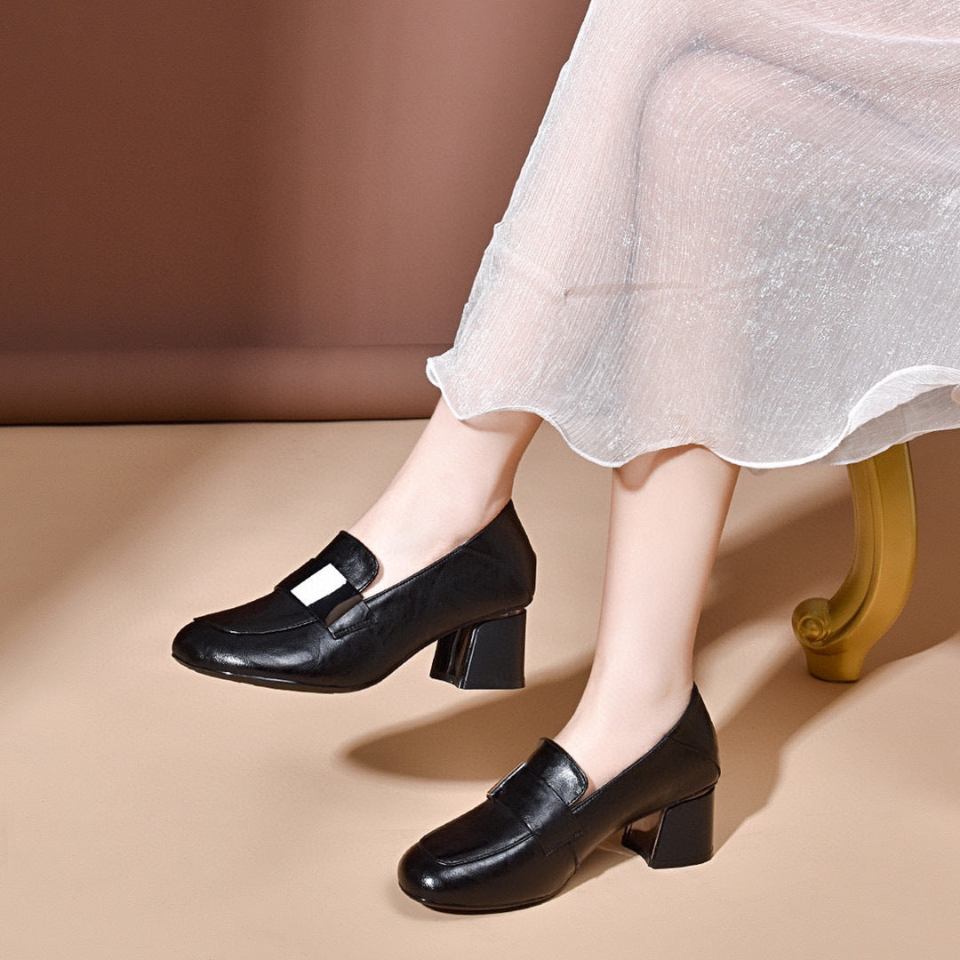 Women's Toe Thin Retro Chunky Soft Bottom Mid Low British Women's Shoes