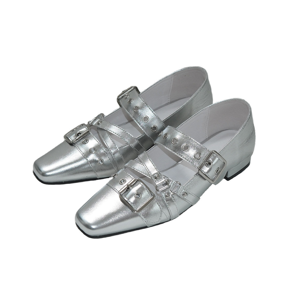 Spring Sier Single-layer Female Retro Square Toe Rivet Ballerina Women's Fashion Shoes