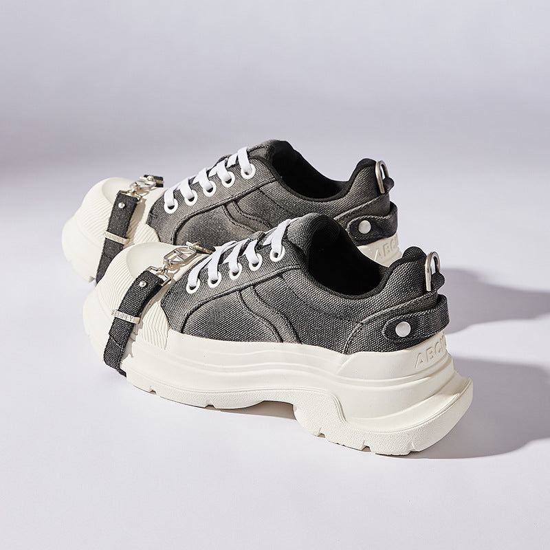 Women's Black White Thick Sole Increased Bandage Casual Shoes