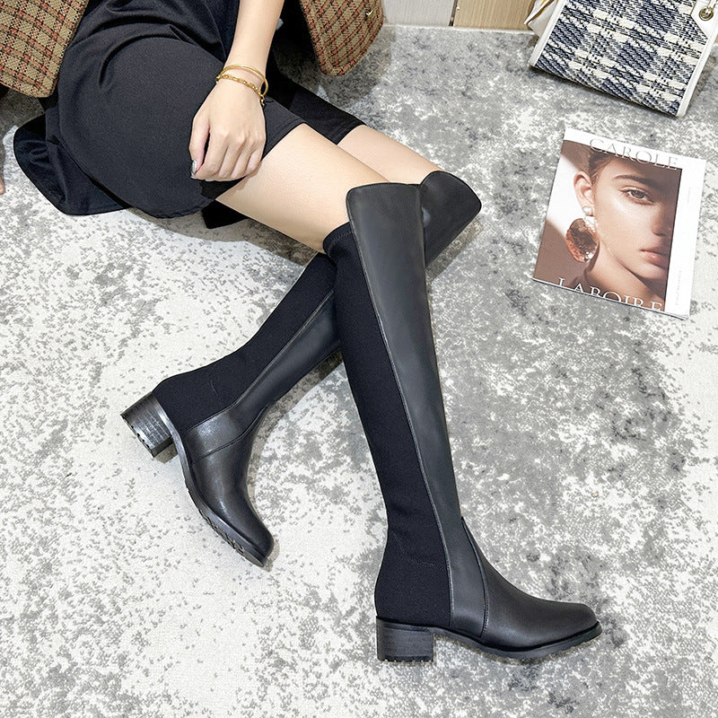 Painted Long Female Mid Stretch Skinny Women's Leather Boots