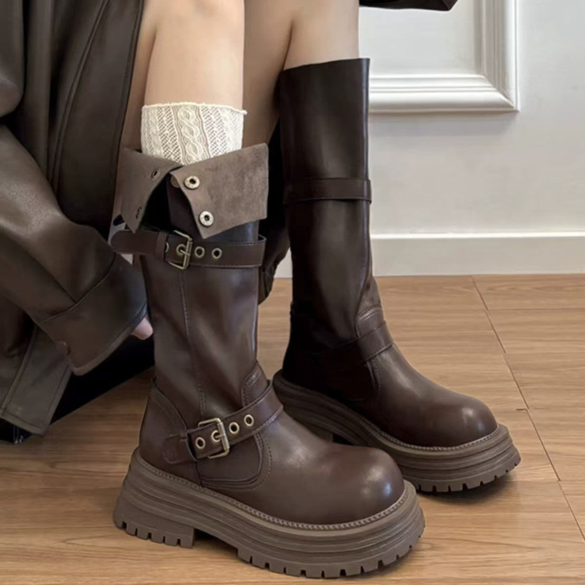 Women's Version Genuine Platform Vintage Fleece-lined Tall Women's Leather Boots