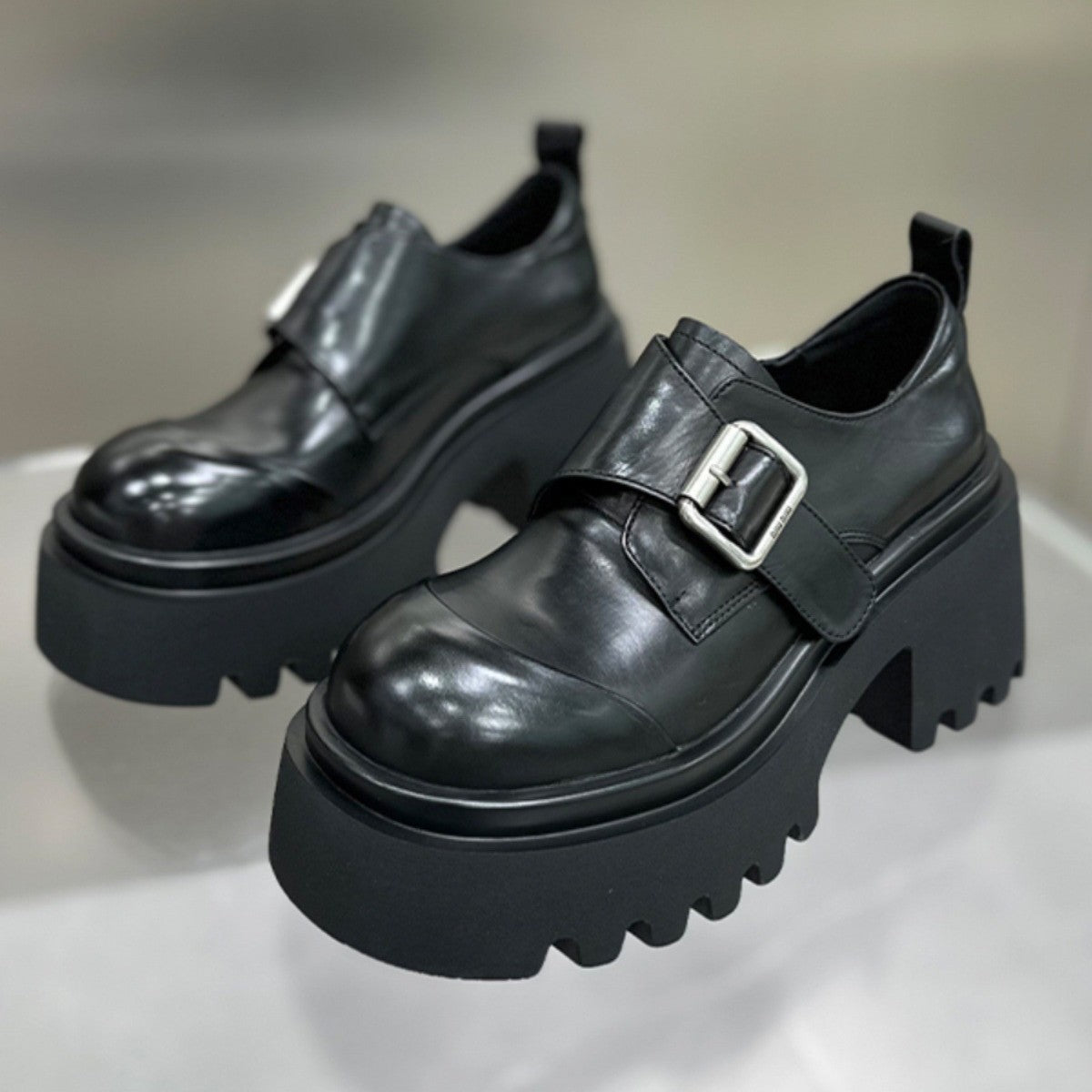 Women's Muffin Platform Black Chunky European Goods Leather Shoes