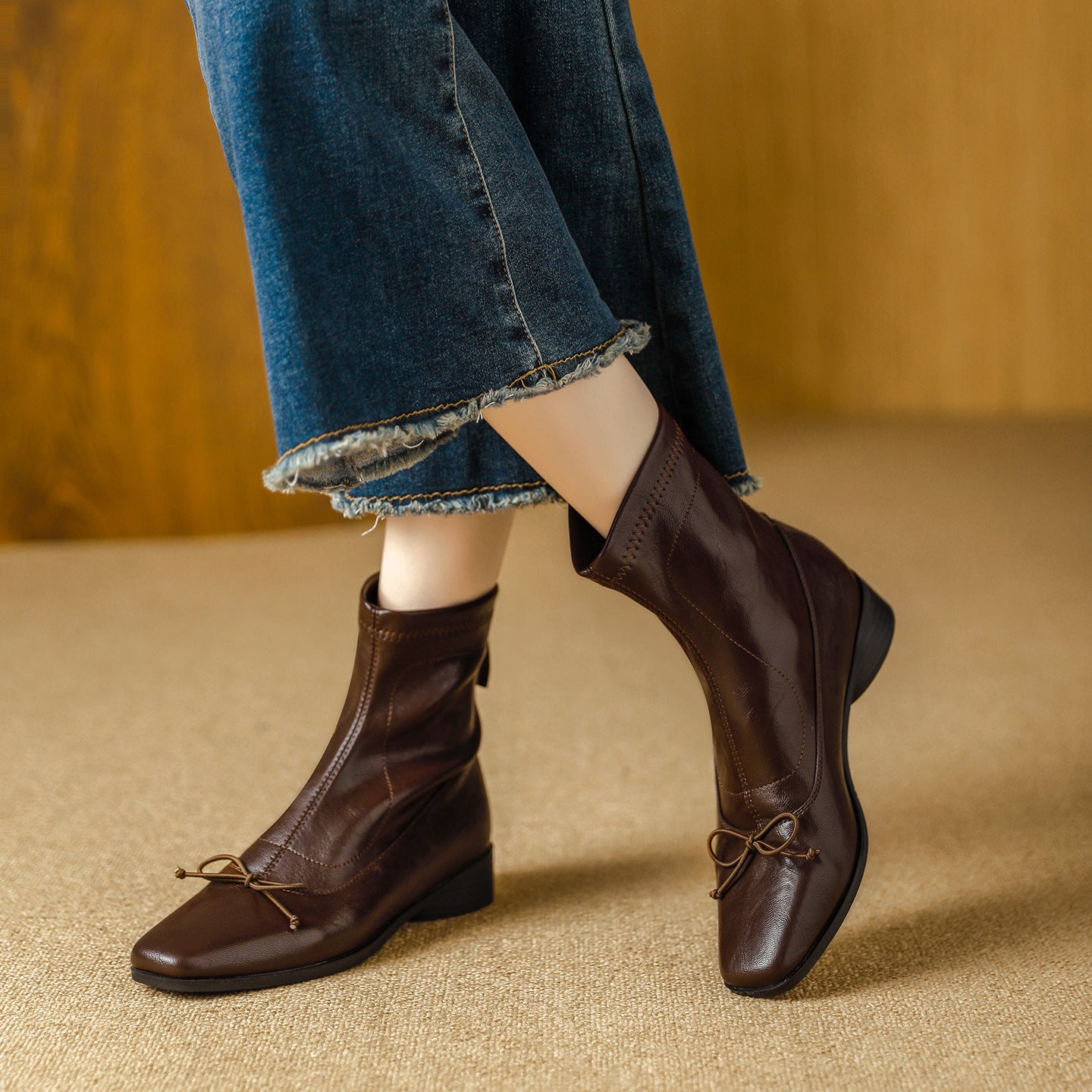 Women's Square Toe Booties Back Zip Soft Stretch Thin Women's Leather Boots