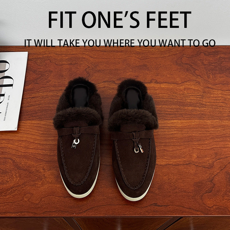 Version Fleece-lined Closed Toe Wool Flat Fur Slippers