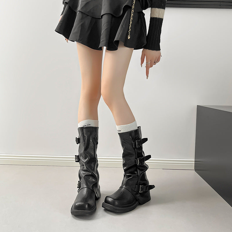Elevated Thick-soled Belt Buckle Pantyhose Middle Chunky Women's Leather Boots