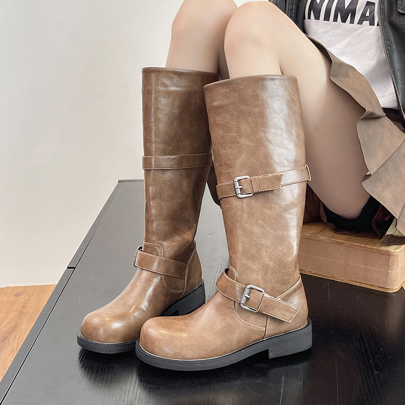 Women's Cowboy High Leg Platform Martin Chunky Women's Leather Boots