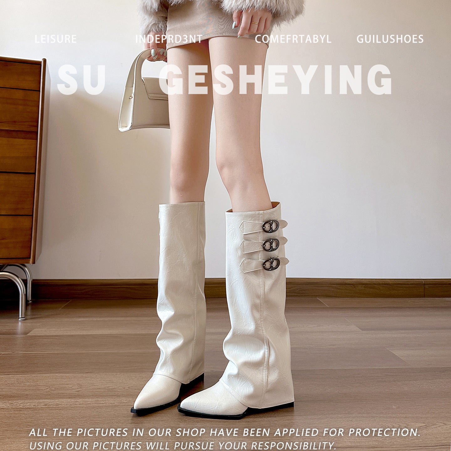 Women's Wedge White Height Increasing Pantyhose Below The Knee Women's Leather Boots