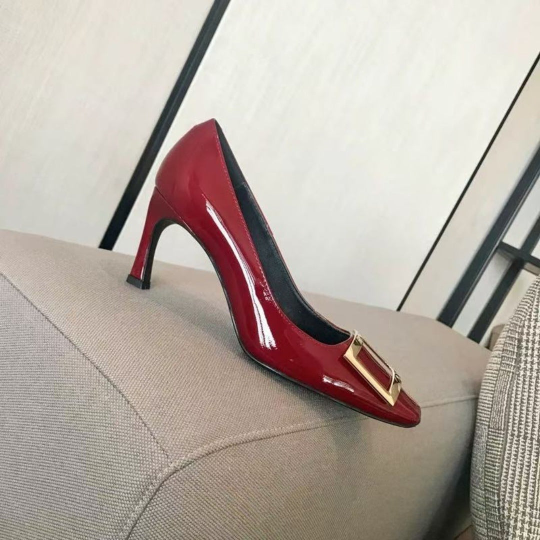 Women's Square Buckle High Patent Toe Elephant Gray Red Wedding Heels