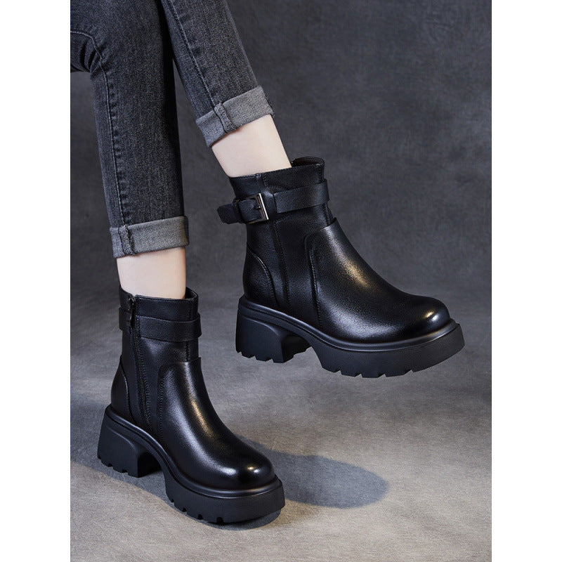 Women's Elevator Platform Chelsea Fleece-lined British Style Women's Leather Boots