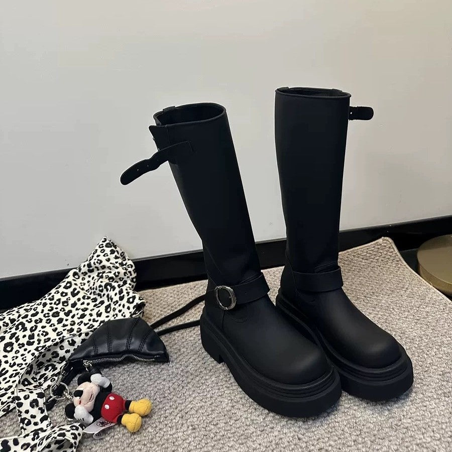 Women's Skinny Below The Knee Thick Bottom Tall Women's Leather Boots