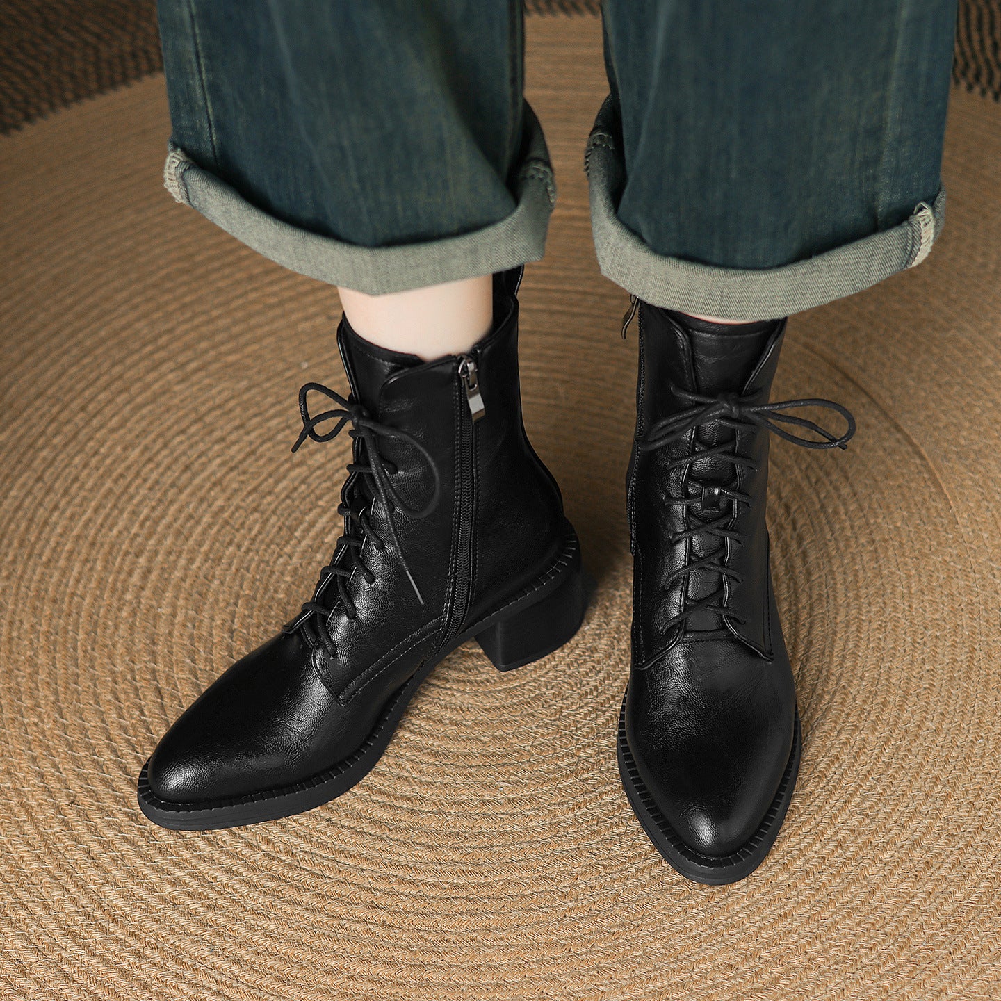 Women's Large Size Martin Chunky Booties Side Zip Boots