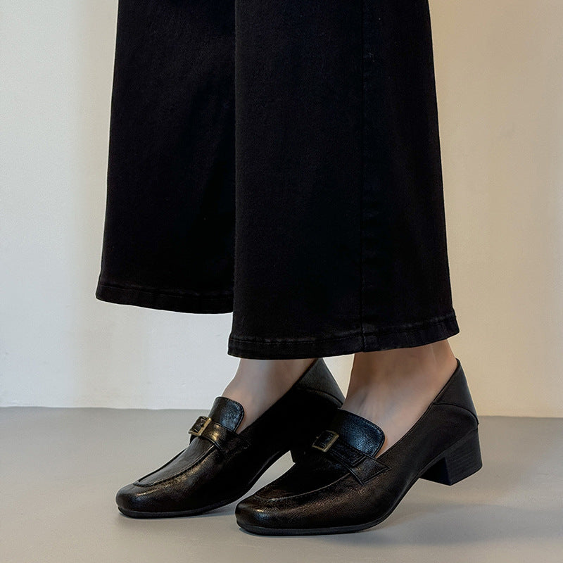 Women's Cowhide Square Toe Commuter Chunky French Pumps Loafers