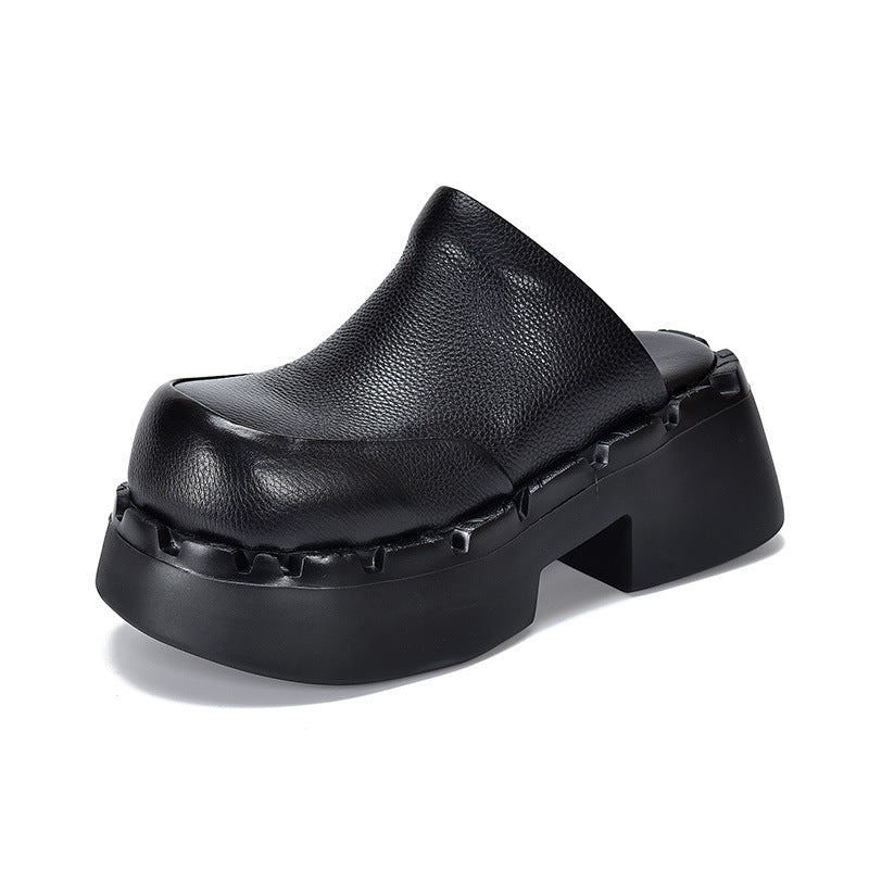 With First Layer Of Cowhide Retro Platform For Outer Thick-soles Slippers