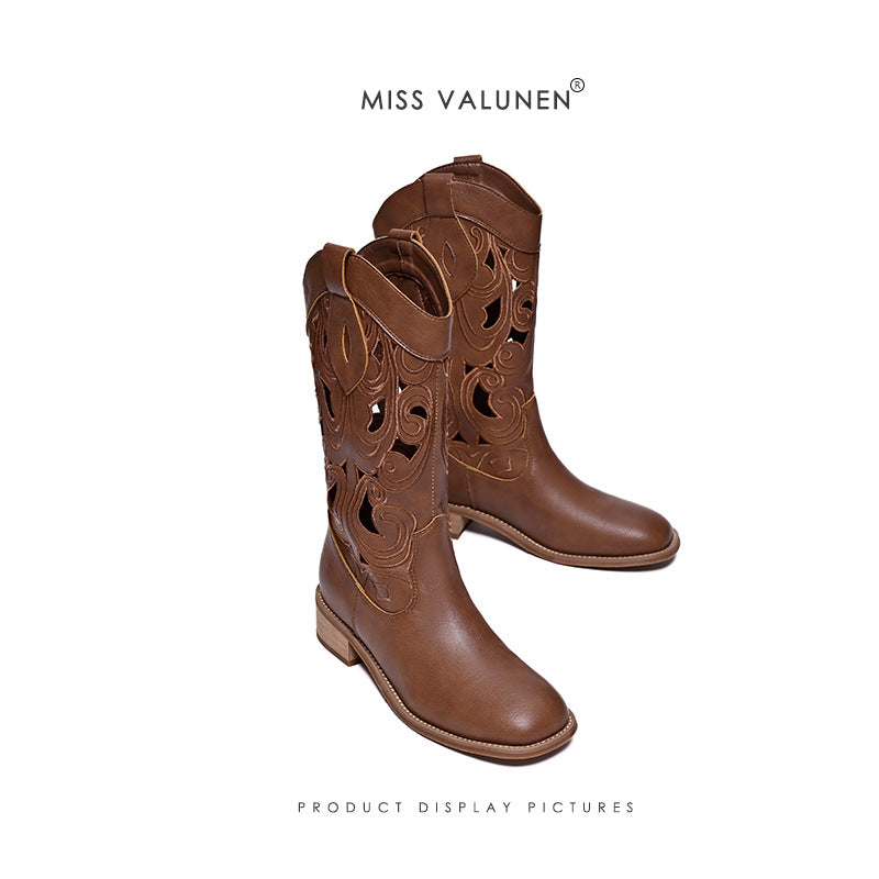 Miss Warren Summer Western Cowboy Round Head Low Women's Leather Boots