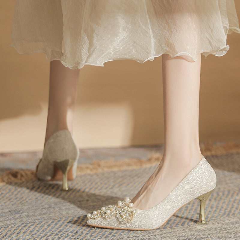 Women's French Wedding Pearl Rhinestone Dress Bridal Women's Fashion Shoes