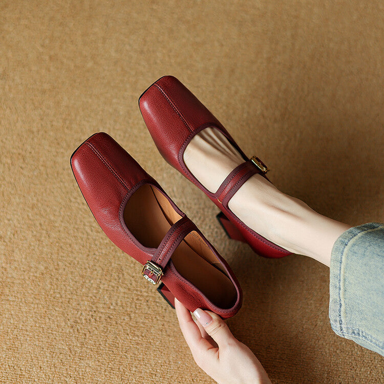 Jane Buckle Black Red Retro French Women's Fashion Shoes