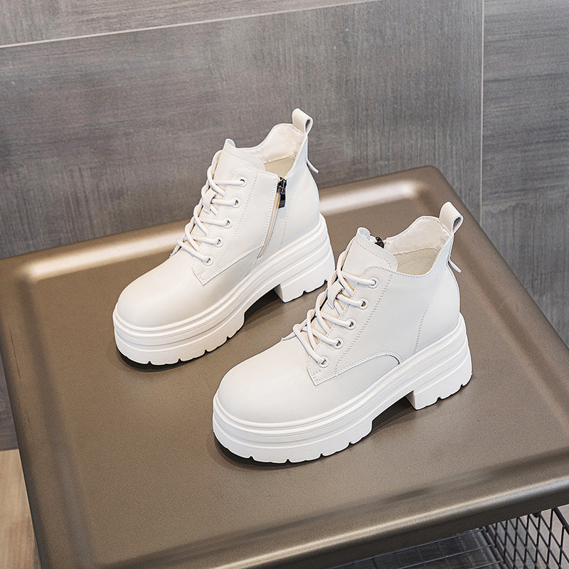 Women's Thick Bottom Increased Platform Lace Up Short Trendy Women's Leather Boots