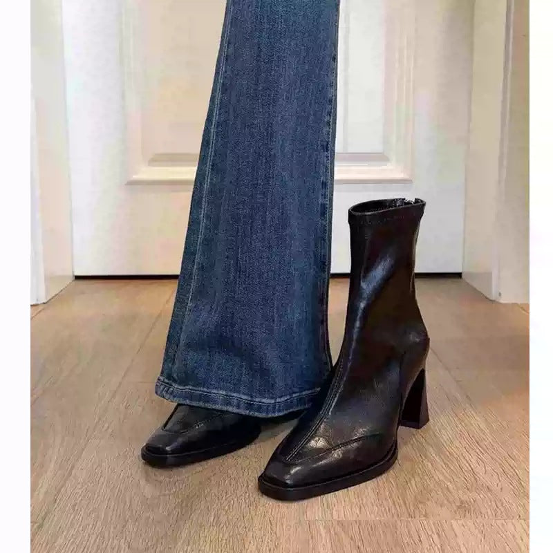 Women's Version Korean Style High Square Toe Skinny Short Chunky Vintage Women's Leather Boots