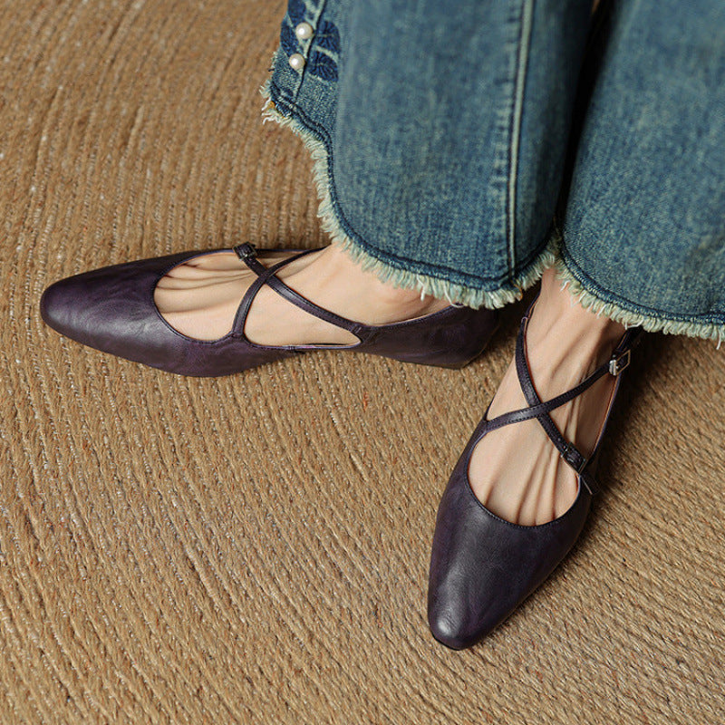 Women's Genuine Cross With Shallow Mouth Pumps Flat Wine Red Mary Women's Casual Shoes