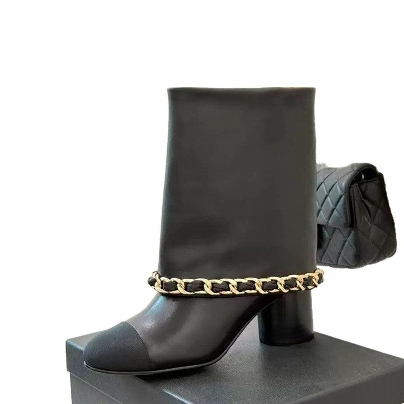 Women's Chain Tube Short Round Head Chunky High-heeled Women's Leather Boots
