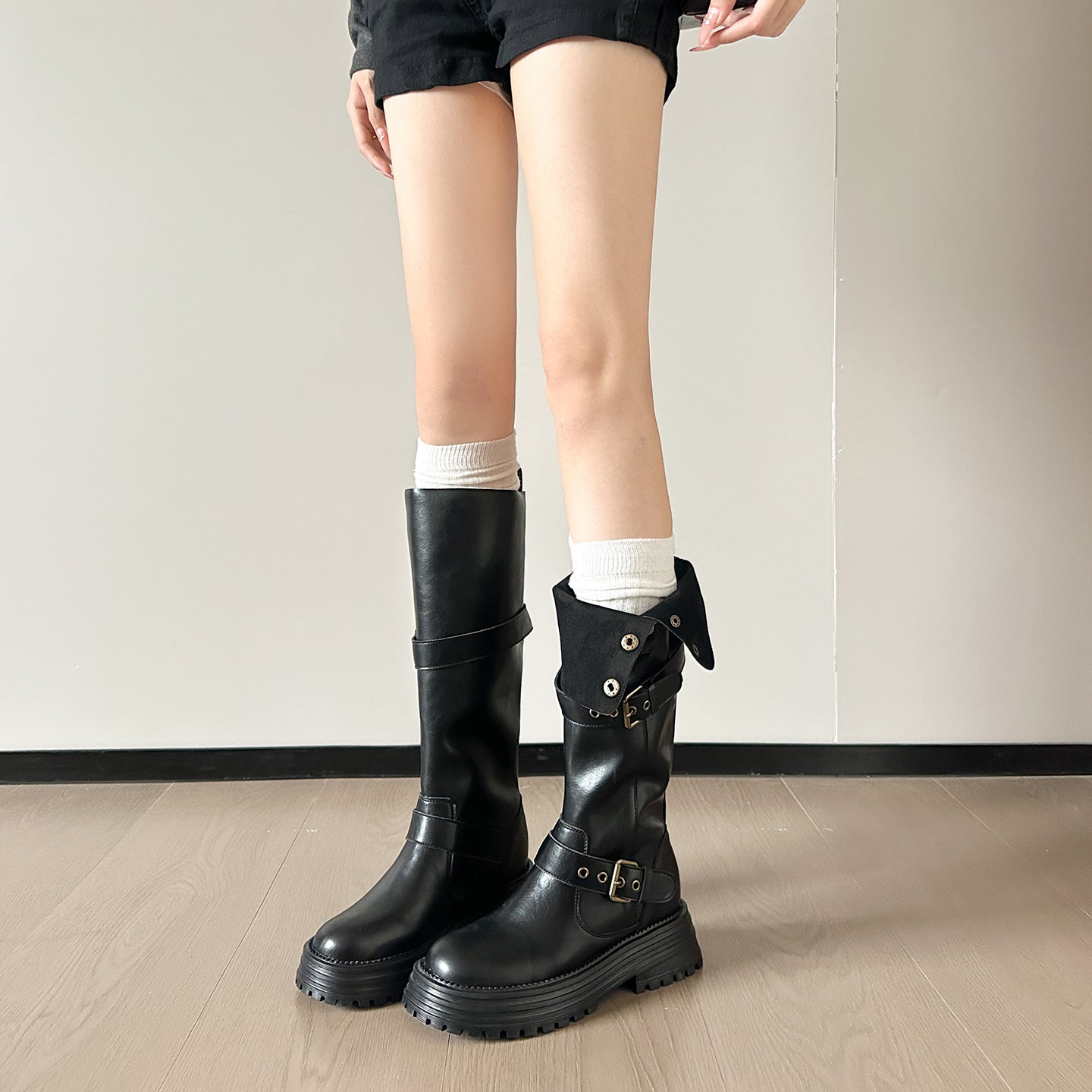 Women's Autumn Height Increased Retro Folding Two-way Wear Thick Bottom Fleece-lined Women's Leather Boots