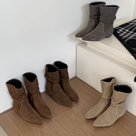 Women's Round Head Genuine Frosted Low-cut Woven Women's Leather Boots