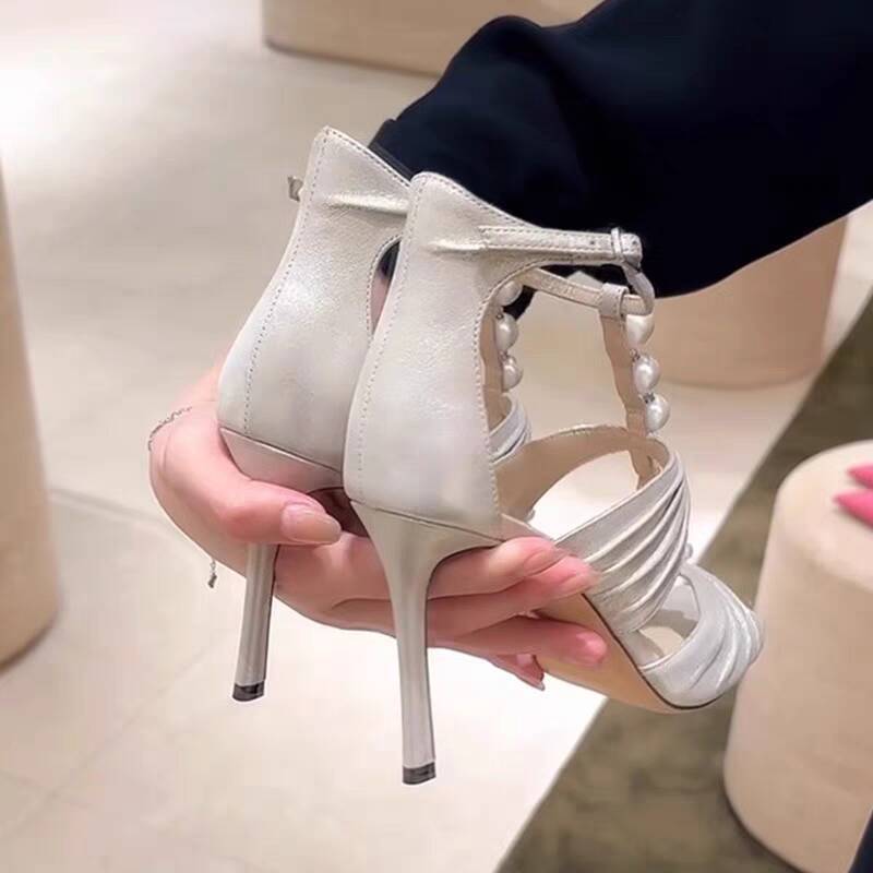 Women's Style Pearl Crystal Summer White Roman Strap Pleated Sandals