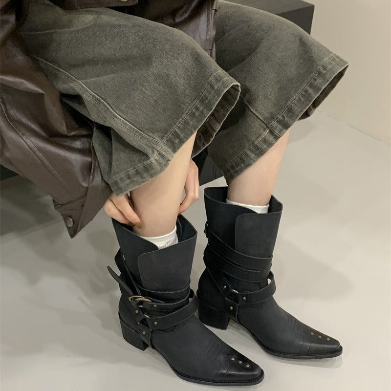 Women's Small Square Pointed Ankle Embroidery Western Cowboy Distressed Women's Leather Boots