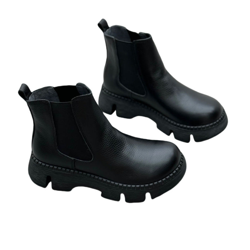Women's Short Round Toe Muffin Bottom Slip-on Cowhide Women's Leather Boots