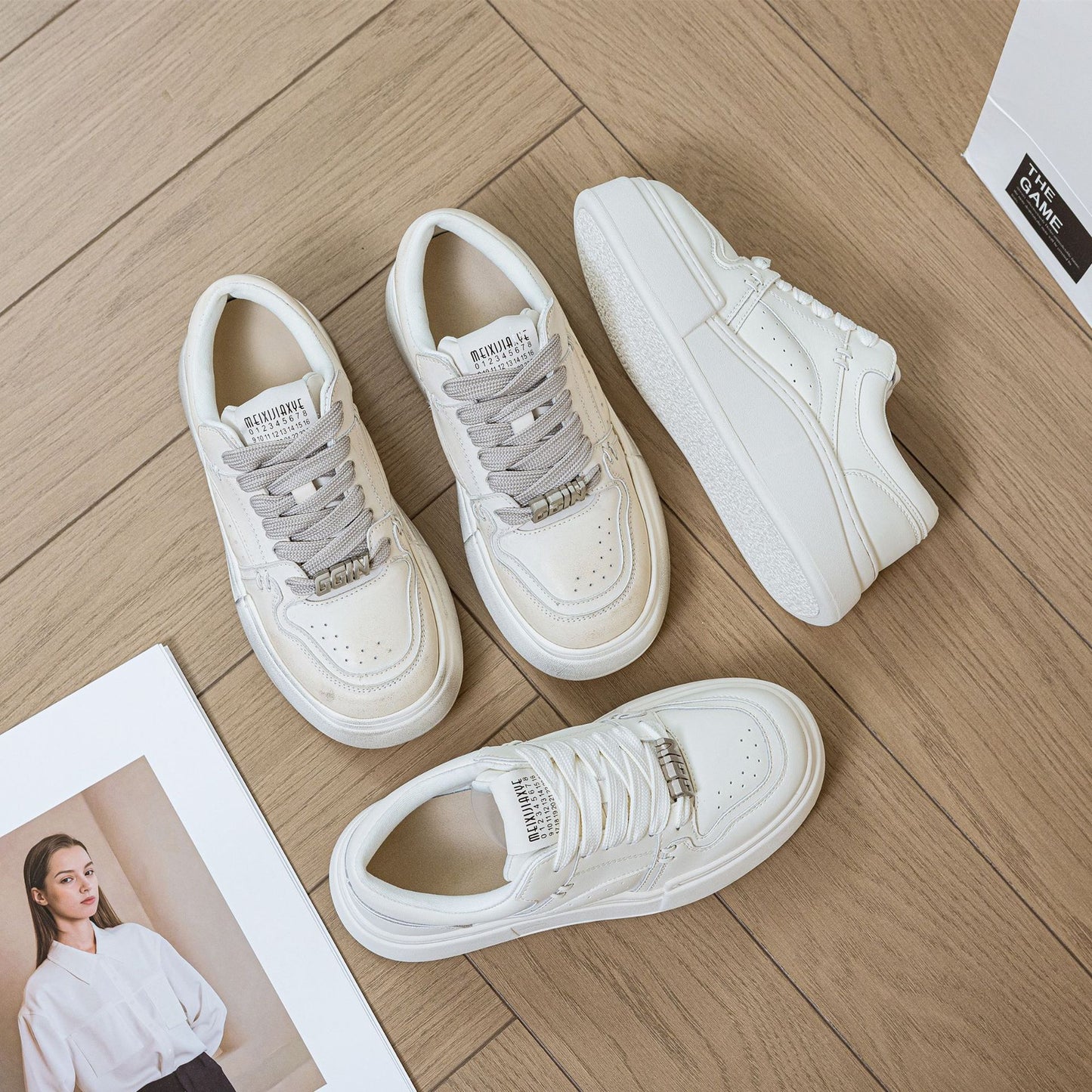 Women's White Thick Bottom Bread Design Sports Sneakers