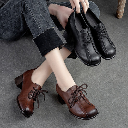 Women's & Men's First Layer Cowhide Round Head Chunky Casual Shoes