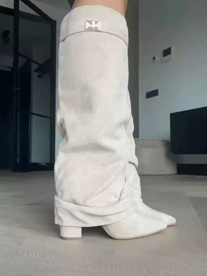 Women's Pointed Straight Pleated Metal Buckle Long Tube Large Size Thick Women's Leather Boots